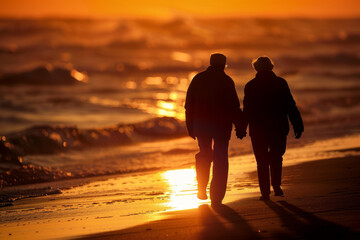 A couple walking on the beach at sunset