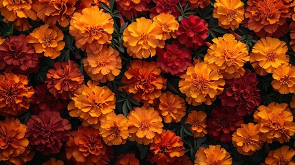 A close up of a bunch of orange and red flowers. The flowers are in a field and are in full bloom