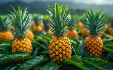 Pineapples on the field. A large pineapple field with many pineapples growing in it