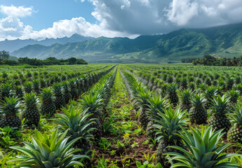 Pineapple fields in the mountains. A large pineapple field with many pineapples growing in it