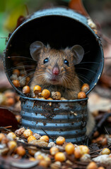 Wall Mural - Wild Wood mouse peeking out of small metal bucket