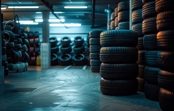 Tires for sale at tire store. A stack of new tires is stacked high in the garage