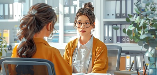 a psychologist female consulting in an office, 2d, flat, illustration, solid color.