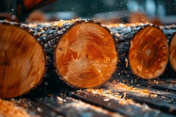 Wall Mural - Logs are sawn into planks at sawmill. This closeup photo captures a stack of logs, showcasing their rugged texture