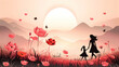 Woman and Child Walking Through Field of Flowers
