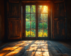 Wall Mural - Old wooden window and door with view of the forest