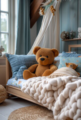 Wall Mural - Large bear is lying on wooden bed in children's room