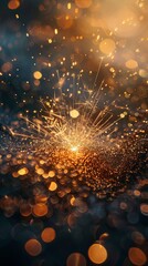 Wall Mural - Golden sparkler firework bursts, creating warm circles of light in the night. A sparkler firework creates bright golden sparks, glowing against the dark night.