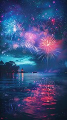 Wall Mural - Fireworks sparkle in the dark sky, shining on the still ocean below with city lights. Vibrant fireworks burst in the night sky, with the ocean glowing beneath.
