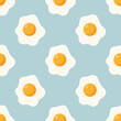 Vector Seamless Pattern with Fried Egg, Sunny-Side-Up on Blue Background. Healthy Breakfast, Protein Food Print