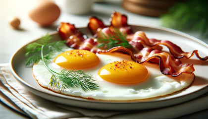 Scrambled eggs and bacon on a white plate close-up