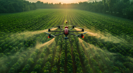 Agriculture drone fly to sprayed fertilizer on the green tea fields