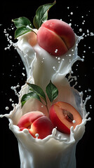 Poster - Milk Splash with Peaches and Leaves Isolated on Black Background