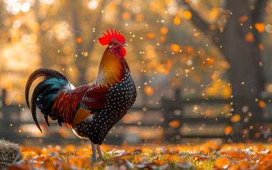 Wall Mural - Rooster and autumn leaves in the background. A photo of an elegant rooster