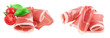 Italian prosciutto crudo or spanish jamon. Raw ham isolated on white background with full depth of field.