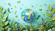 Earth Surrounded by Green Leaves on Blue Background