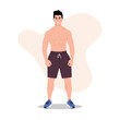 Vector illustration of a handsome athlete guy. Cartoon scene of smiling cute athletic boy with toned body, abs, biceps, curly hair, wearing shorts and sneakers. A strong, healthy man. A slim guy.