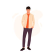 Vector illustration of a handsome fashionable guy. Cartoon scene of smiling, stylish guy with curly hair, hands in pockets, in orange t-shirt, beige shirt, pants, shoes isolated on white background.