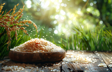 Jasmine rice in wooden bowl and rice plant on wooden table with blurred background