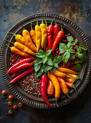 Wall Mural - Colorful mix of fresh organic peppers on metal tray