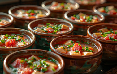 Wall Mural - Variety of soups in clay pots. Stewing meat and soup in many small bowls
