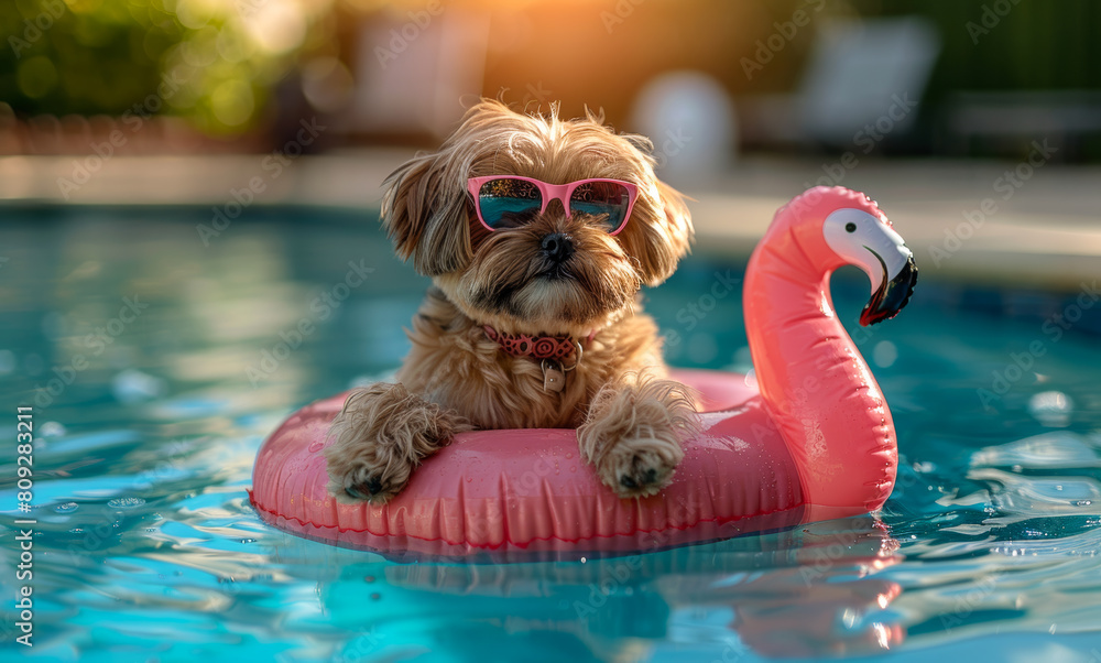 Cute dog wearing sunglasses and flamingo pool float in swimming pool ...