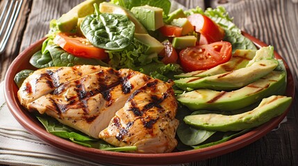 Wall Mural - Grilled chicken meat and fresh vegetable salad of tomato, avocado,lettuce and spinach. Generative Ai