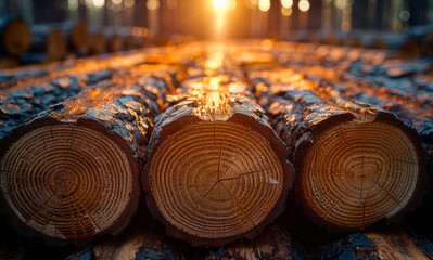 Wall Mural - Log trunks pile the logging timber forest wood industry. Wide banner or panorama wooden trunks