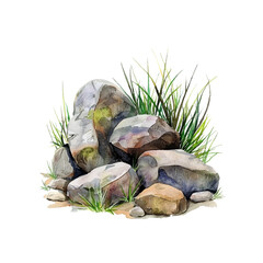 Wall Mural - stone and grass vector illustration in watercolor style