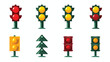 Set of traffic lights with red yellow and green sig