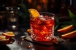 © juliars - Classic negroni cocktail, garnished with a fresh orange slice, presented on a dark, moody bar top