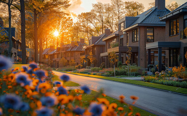 Wall Mural - Beautiful houses in residential neighborhood at sunset