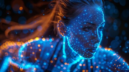 Aufkleber - A woman illuminated by blue lights, creating a futuristic and mysterious atmosphere.