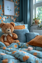 Wall Mural - Toy bear sitting on the bed in blue room