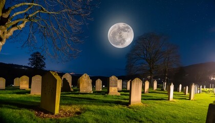 Wall Mural - night scene with moonlight shining on a cemetery generative ai