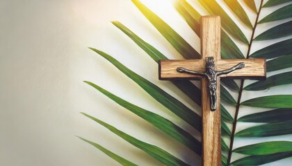 palm sunday holiday wooden cross with palm leaf on light background with copy space religion background suitable for faith religion christian holidays easter redeemer the feast of corpus christi