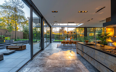 Wall Mural - Modern kitchen with garden view in the evening