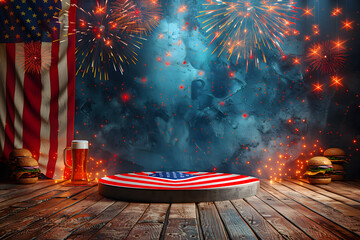 Wall Mural - Burgers on a wooden board in pub, barbecue with American flag, beer and fireworks in the background. 4 July independence day celebration happy hours and sales.