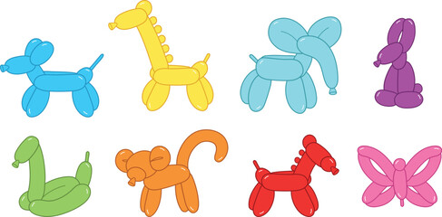 Wall Mural - Colorful Balloon Animals for a Party Clipart Set - Dog, Giraffe, Elephant, Bunny, Snake, Monkey, Horse and Butterfly