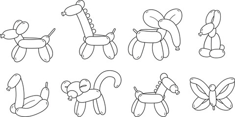 Wall Mural - Balloon Animals Outlines for a Party Clipart Set - Dog, Giraffe, Elephant, Bunny, Snake, Monkey, Horse and Butterfly