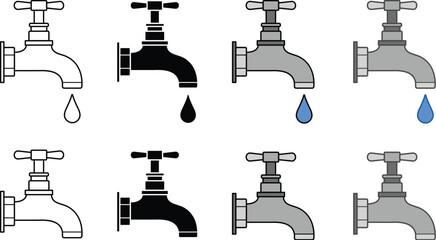 Wall Mural - Faucet Tap Dripping Water Clipart Set - Outline, Silhouette and Color
