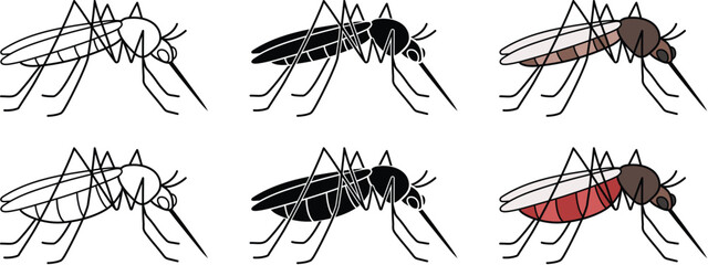 Wall Mural - Mosquito Insect Before and After Biting Clipart Set - Outline, Silhouette & Color