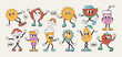 Big set of retro groovy characters. Funny vintage mascot, vector elements, objects, fruit, speech bubble. Cartoon illustration