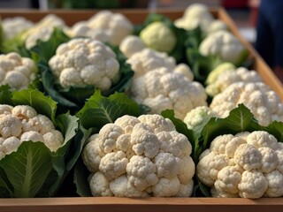 Wall Mural - Explore a vibrant display of fresh cauliflower at the local farmer's market, showcasing the natural beauty and goodness of locally grown produce.