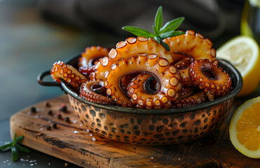 Wall Mural - Grilled octopus tentacles served in copper pan with fresh lemon and herbs