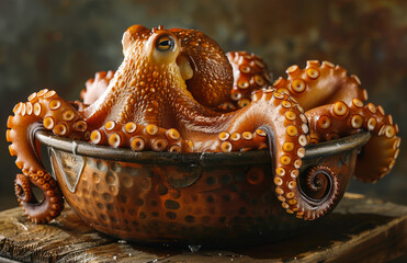 Wall Mural - Fresh seafood. A octopus in copper bowl dark background