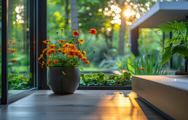 Wall Mural - Orange flowers in pot and green plants in beautiful glass house