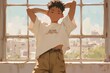African American boy with black hair, wearing a white t-shirt and brown pants, dancing 