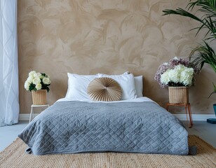 Minimalist interior design of modern bedroom with beige stucco wall and flowers