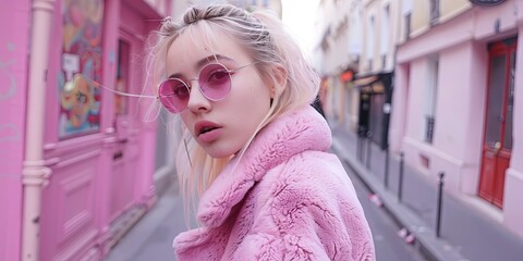 Poster - photo of Gen Z woman wearing all pink fashion exploring pastel city, lifestyle portrait